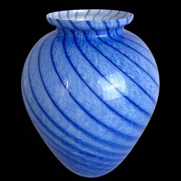 Italian Art Glass Swirl Vase Blue & White Murano Style Hand Blown Made in Italy - Picture 1 of 7
